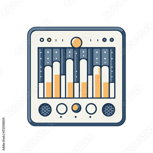 Vintage-style audio mixer with colorful sound levels, set against a minimalist backdrop