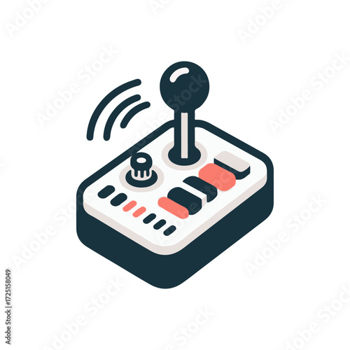 Vintage-style gaming joystick with buttons and a flickering signal, set against a plain background