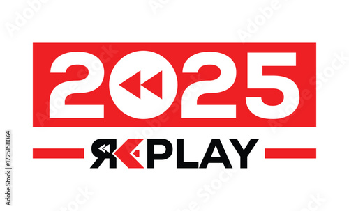Minimalist 2025 logo design with bold black numerals above a red bar. White text "REPLAY" with rewind and play symbols inside. Clean, modern, flat graphic style on white background.