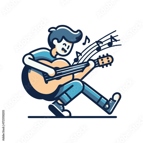 Young musician playing guitar joyfully, music notes flowing, vibrant background atmosphere