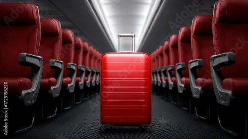 A vivid red suitcase positioned centrally in an aircraft cabin, evoking the thrill of travel, flanked by rows of inviting seats, ready for adventure