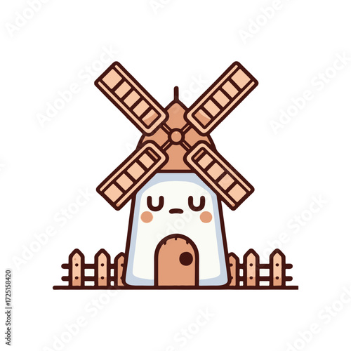 A charming cartoon windmill with a smiling face surrounded by a wooden fence in a serene landscape
