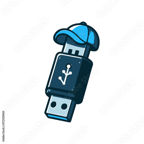 A cartoon-style USB flash drive wearing a blue cap, set against a simple white background