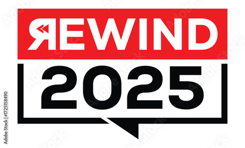 Minimalist 2025 logo design with bold black numerals above a red bar. White text "REPLAY" with rewind and play symbols inside. Clean, modern, flat graphic style on white background.	