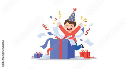 a child in a conical birthday hat, enthusiastically tearing wrapping paper off a large box, with ribbons and paper scattered around him