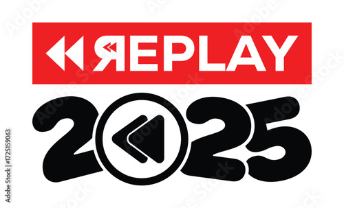 Minimalist 2025 logo design with bold black numerals above a red bar. White text "REPLAY" with rewind and play symbols inside. Clean, modern, flat graphic style on white background.