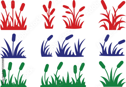 Collection of Stylized Cattail and Grass Silhouettes in Red, Blue, and Green