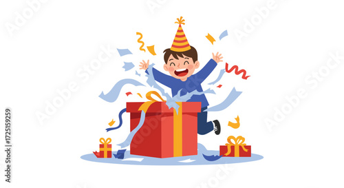 a child in a conical birthday hat, enthusiastically tearing wrapping paper off a large box, with ribbons and paper scattered around him