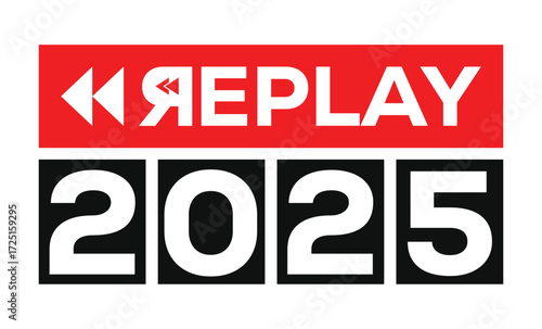 Minimalist 2025 logo design with bold black numerals above a red bar. White text "REPLAY" with rewind and play symbols inside. Clean, modern, flat graphic style on white background.