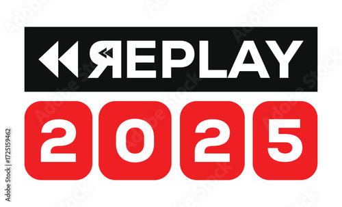 Minimalist 2025 logo design with bold black numerals above a red bar. White text "REPLAY" with rewind and play symbols inside. Clean, modern, flat graphic style on white background.