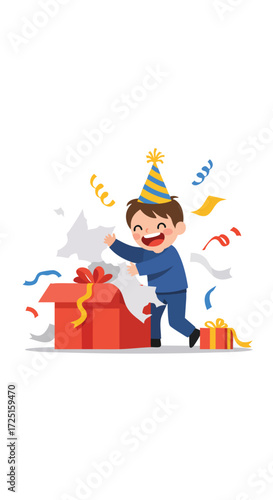 a child in a conical birthday hat, enthusiastically tearing wrapping paper off a large box, with ribbons and paper scattered around him