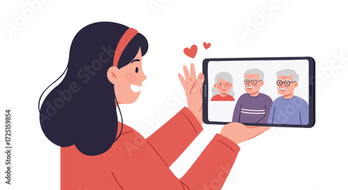 A girl holding a smartphone, smiling and waving at the screen which shows the faces of her grandparents.