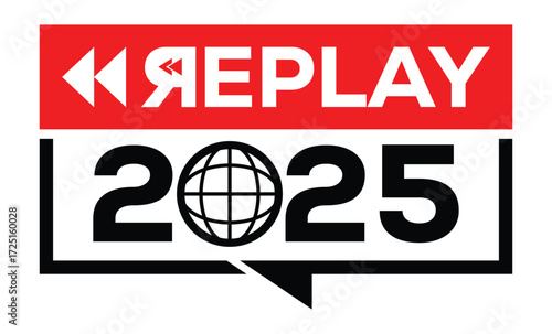 Minimalist 2025 logo design with bold black numerals above a red bar. White text "REPLAY" with rewind and play symbols inside. Clean, modern, flat graphic style on white background.