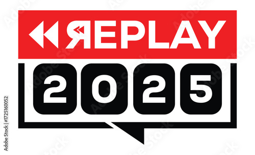 Minimalist 2025 logo design with bold black numerals above a red bar. White text "REPLAY" with rewind and play symbols inside. Clean, modern, flat graphic style on white background.