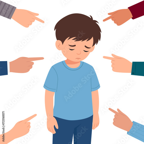 Different hands indicate a frightened boy. A victim of bullying.National bullying prevention month vector illustration