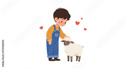 a child wearing overalls, gently petting a small, fluffy white lamb
