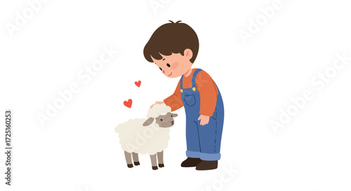 a child wearing overalls, gently petting a small, fluffy white lamb