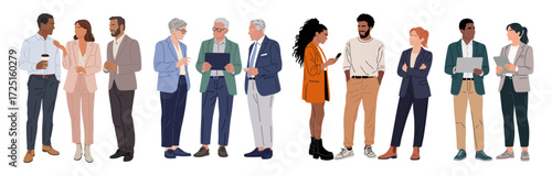 Different business team members standing, talking, communicating, taking part in business activities, meeting, brainstorming, coffee break. Multiracial people vector illustrations isolated