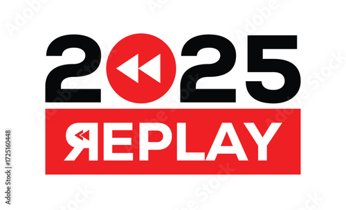 Minimalist 2025 logo design with bold black numerals above a red bar. White text "REPLAY" with rewind and play symbols inside. Clean, modern, flat graphic style on white background.