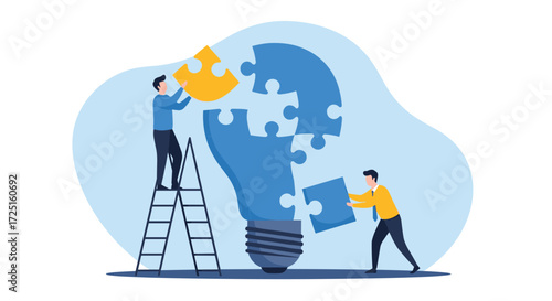 Teamwork assembling a giant light bulb puzzle symbolizing innovation and new ideas vector