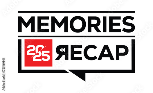 Minimalist 2025 logo design with bold black numerals above a red bar. White text "memories" with rewind and play symbols inside. Clean, modern, flat graphic style on white background.	