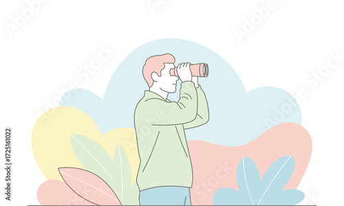 Visionary entrepreneur scanning the horizon with binoculars, seeking future opportunities and growth in a modern, abstract landscape.