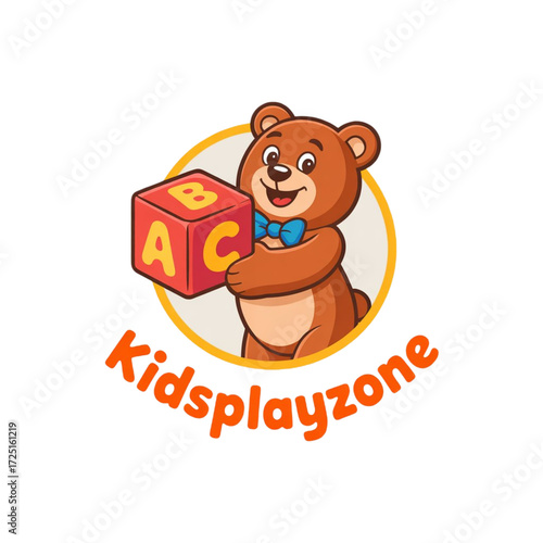 A charming cartoon illustration of a friendly teddy bear, holding an alphabet block, exudes an inviting and playful ambiance perfect for children's educational resources.