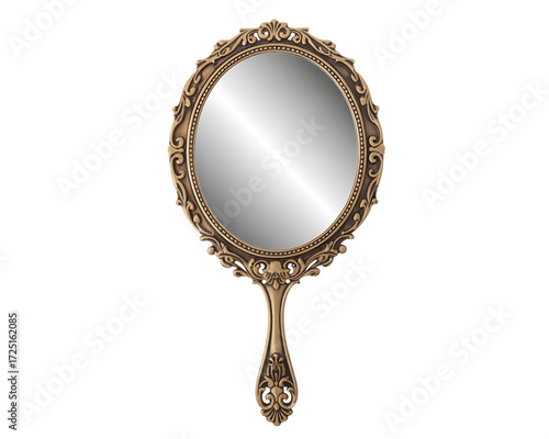Ornate gold hand mirror isolated on white background
