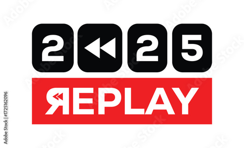 Minimalist 2025 logo design with bold black numerals above a red bar. White text "REPLAY" with rewind and play symbols inside. Clean, modern, flat graphic style on white background.	