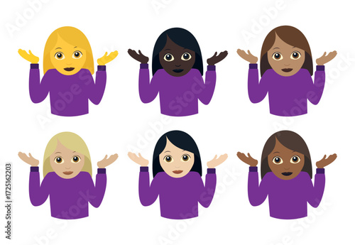 woman person shrugging his shoulders idk I don't know clueless emoji symbol sign icon vector illustration isolated flat female women