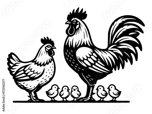 A family of chickens, rooster, hen, and chicks, farm, poultry, family, animals, farm life