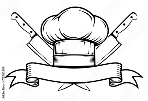 Chef hat with crossed knives and a blank banner, cooking, restaurant, chef logo, kitchen, food