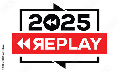 Minimalist 2025 logo design with bold black numerals above a red bar. White text "REPLAY" with rewind and play symbols inside. Clean, modern, flat graphic style on white background.	