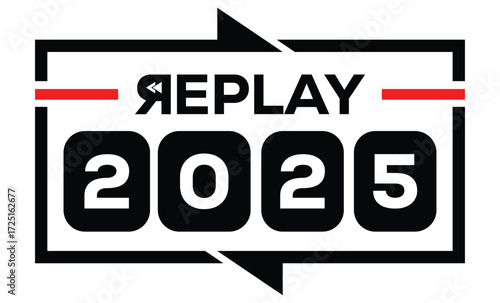 Minimalist 2025 logo design with bold black numerals above a red bar. White text "REPLAY" with rewind and play symbols inside. Clean, modern, flat graphic style on white background.	