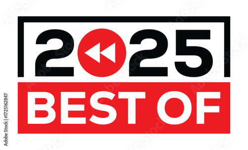 Minimalist 2025 logo design with bold black numerals above a red bar. White text "best of" with rewind and play symbols inside. Clean, modern, flat graphic style on white background.	