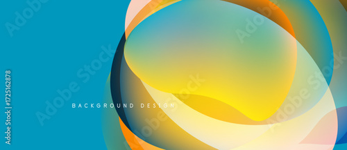 Abstract fluid shapes overlap, creating vibrant color gradients. Teal background complements yellow, orange hues. Modern design element.