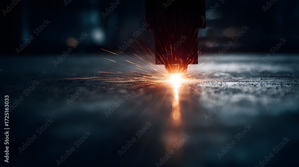 Obraz premium Close up of a laser cutter intensely working on a surface creating bright sparks and glowing light