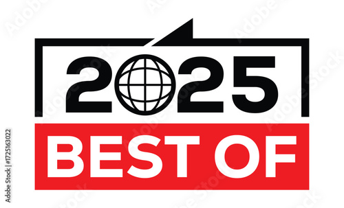 Minimalist 2025 logo design with bold black numerals above a red bar. White text "best of" with rewind and play symbols inside. Clean, modern, flat graphic style on white background.	
