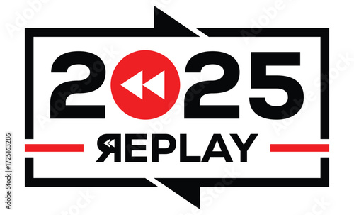 Minimalist 2025 logo design with bold black numerals above a red bar. White text "REPLAY" with rewind and play symbols inside. Clean, modern, flat graphic style on white background.	