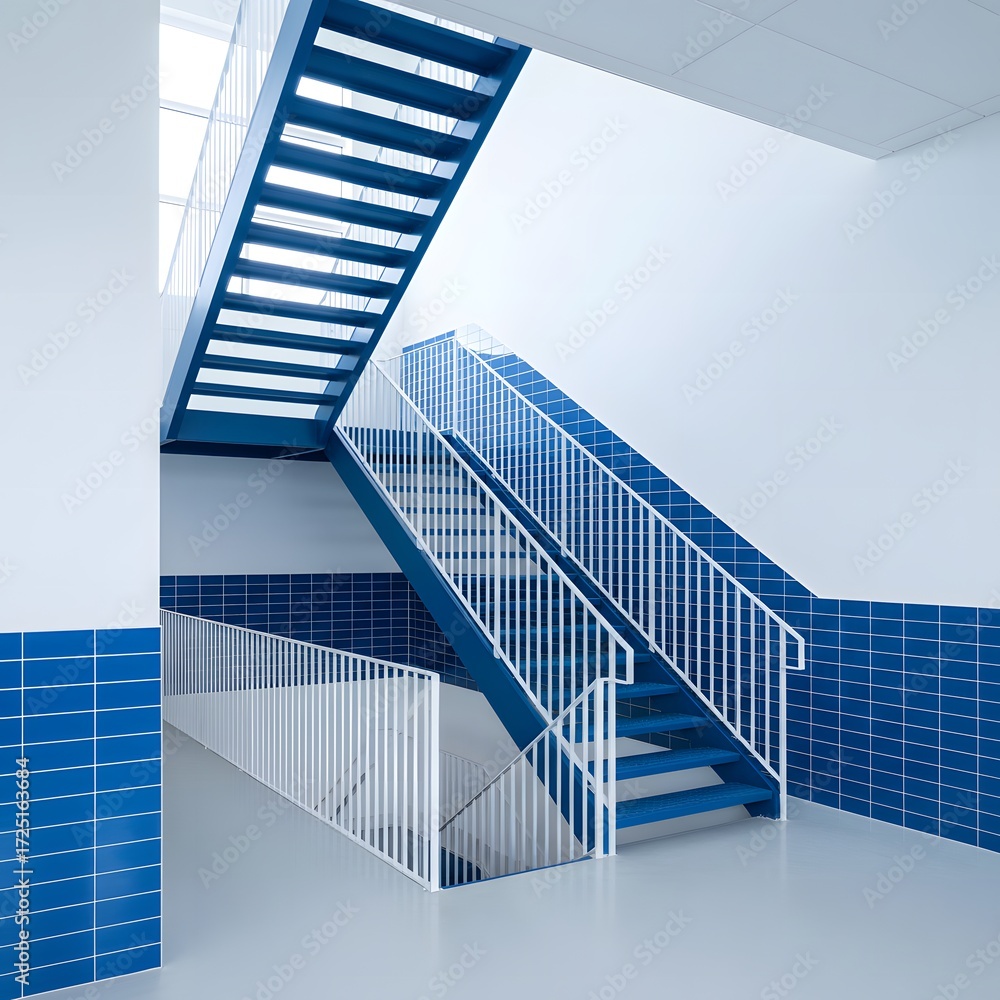 Obraz premium Modern Staircase Design in White and Blue with Clean Lines and Geometric Patterns