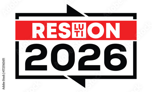 Minimalist 2025 logo design with bold black numerals above a red bar. White text "resolution" with rewind and play symbols inside. Clean, modern, flat graphic style on white background.	
