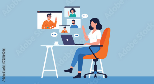 Woman working remotely connecting with colleagues through video conference on laptop vector