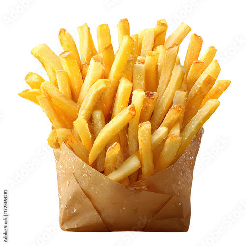 Fotografie Golden French Fries in Paper Pouch isolated on transparent background