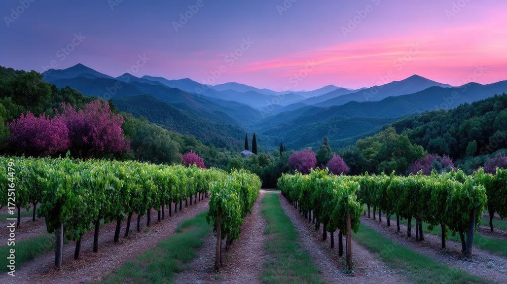Obraz premium Lush Green Vineyard on Rolling Hills at Dusk with Pink and Blue Sky in Cinematographic Style Landscape