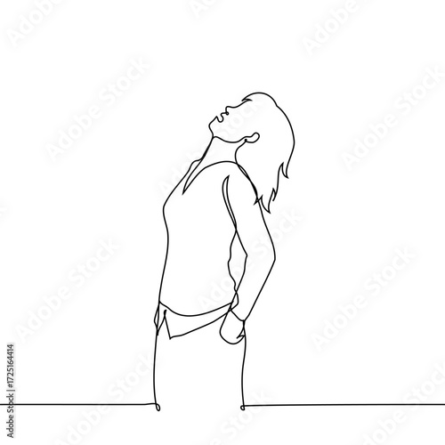woman stands with his face upturned, his mouth open, his hand clenched into a fist, his back arched - one line art vector. Concept: shouting, screaming, despair