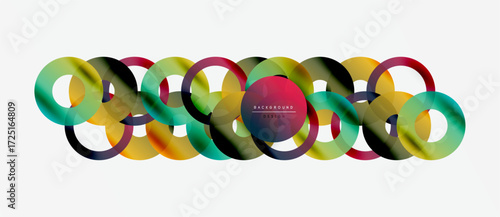 Colorful overlapping circles create abstract design. Gradient hues blend, forming modern visual element. Simple, clean aesthetic.