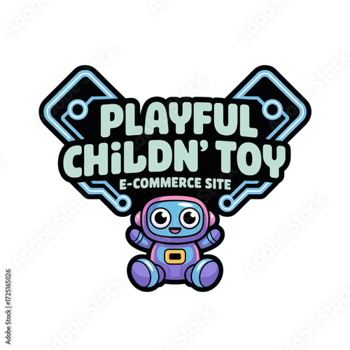 A captivating logo showcases an adorable robot mascot inviting viewers into a delightful e-commerce platform dedicated to children's toys. The image features bright colors, modern design elements.