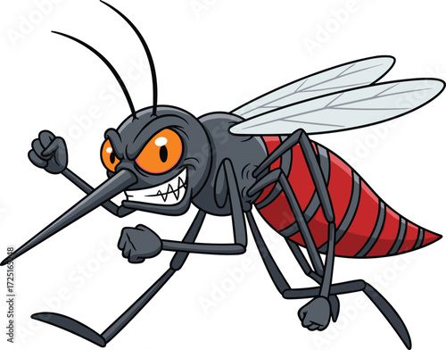 Cartoon aggressive mosquito character, fierce insect illustration, red eyes pose, dangerous bug artwork, disease vector design, isolated white background