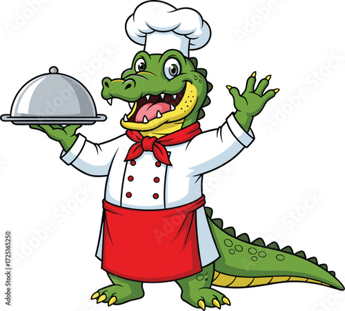 Cartoon alligator chef character, smiling animal illustration, holding serving tray, culinary mascot artwork, restaurant theme vector, isolated white background