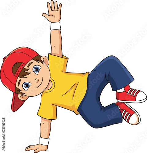 Cartoon breakdancing boy character, energetic street dance pose, hip hop style illustration, athletic movement artwork, isolated white background vector design